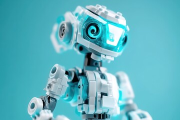 Poster - Innovative robotic figure with glowing blue accents on a bright teal background