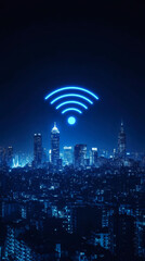 Poster - Glowing wifi icon floating above nighttime cityscape, symbolizing digital connectivity and urban network infrastructure