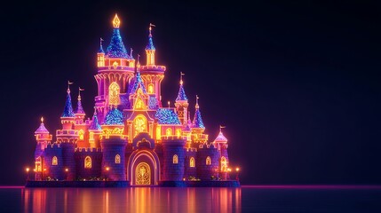 illuminated fairytale castle reflected in still water at night
