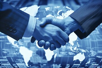 Poster - Business handshake over world map, symbolizing global partnership and agreement in finance and technology