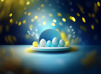 Canvas Print - Pastel eggs on a minimalist blue platform, illuminated by a soft, glowing backdrop.  Festive spring ambiance.