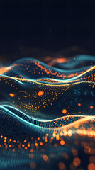 Aufkleber - Digital wave particles streaming through virtual network, generating glowing technological pattern with luminescent bokeh elements
