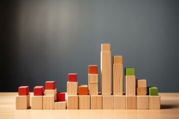 Poster - Colorful wooden toy blocks forming an increasing bar graph on a wooden table, representing growth and development