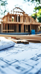 Poster - Blueprints and wood planks lying on table with wooden house frame being built in the background during a sunny day