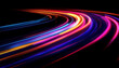 © Asad - Vivid light trails in a curved motion against a dark background, symbolizing speed, technology, and dynamic energy in a futuristic style.