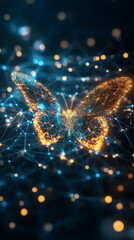 Poster - Glowing polygonal butterfly representing neural network technology, flying against dark background with interconnected digital lights and bokeh effect