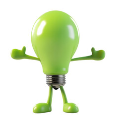 Fototapete - A cheerful green lightbulb cartoon character stands with outstretched arms against a white background.