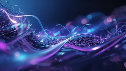 Abstract luminous lines weave through a dark background with a network of futuristic glow