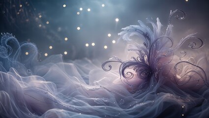 Dreamy abstract floral art with swirling smoke and twinkling bokeh lights on a blue backdrop
