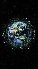Fototapete - Planet Earth with North and South America continents surrounded by network of satellites orbiting in space, internet and global communication concept