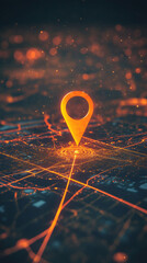 Poster - Location pin hovering above illuminated cityscape, highlighting digital navigation, geolocation technology, urban connectivity mapping