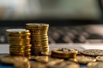 Poster - Stacks of shining gold coins on a blurred laptop keyboard suggest online earnings, investment, and financial success