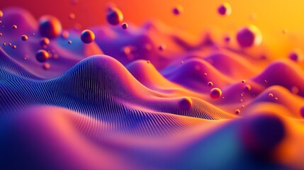 Aufkleber - Abstract colorful 3D rendering of a wavy landscape with floating spheres.