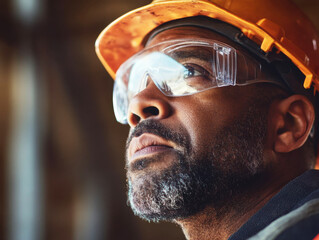 Construction worker wearing safety gear gazes thoughtfully at a building site environment during the day