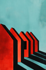 Poster - Abstract Architectural Design with Geometric Red Houses Against a Clear Blue Sky Creating Bold Minimalist Patterns