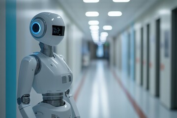 Poster - Humanoid robot stands in a modern hallway of a futuristic facility