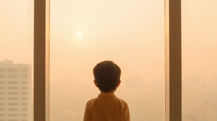 Poster - child gazes out window at hazy sunset, reflecting on serene yet somber atmosphere