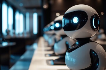 Poster - Robots lined up at a modern service counter in a sleek urban environment