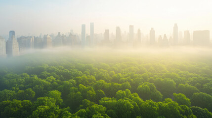 Poster - Aerial view of lush green forest with city skyline in fog