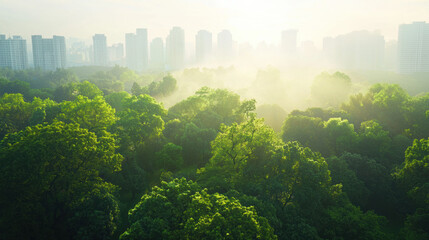 Poster - Lush green trees in misty urban park with city skyline backdrop
