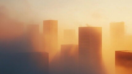 Poster - Misty city skyline at sunset with soft light and silhouettes of buildings