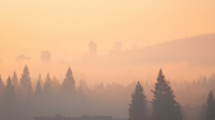 Poster - Misty landscape with silhouettes of trees and buildings at sunrise