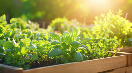 Wall Mural - Fresh green plants in wooden garden bed basking in sunlight, showcasing vibrant growth and healthy foliage