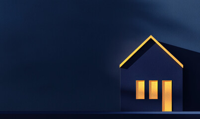 Wall Mural - Minimalist Architectural Design with Illuminated House Silhouetted Against Dark Blue Background at Evening