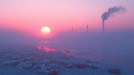 Poster - serene sunset over foggy beach, with pollution and smoke in background