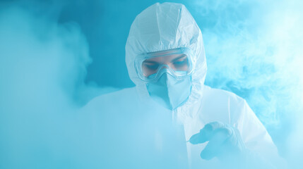 Poster - Laboratory technician in protective gear working with chemicals in fog