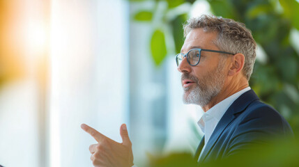 Poster - professional man with glasses gestures while speaking in bright office. His expression conveys confidence and engagement
