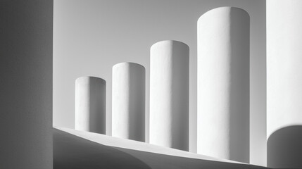 Fototapete - Minimalist architecture features white cylindrical structures against soft gray background, creating serene and modern atmosphere