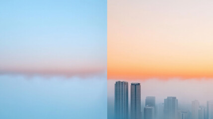Poster - serene skyline at dawn, featuring soft pastel colors and fog enveloping buildings. tranquil atmosphere evokes sense of calm and beauty