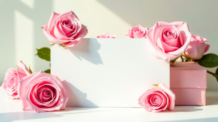 Wall Mural - White greeting card with gift box and pink roses. Business card mockup design template for text, note or logo on white background. Gift certificate or voucher. Copy space. Delivery of flower shop