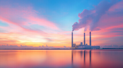 Poster - power plant at sunset with colorful sky and smoke stacks reflecting on water