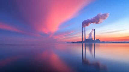 Poster - serene industrial landscape at sunset, featuring smokestacks reflecting in calm water