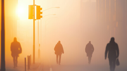 Poster - Misty street scene with silhouettes of people walking in fog at sunset