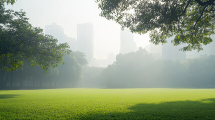 Poster - Lush green park with misty skyline, creating serene atmosphere