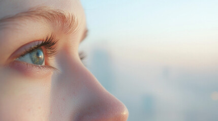 Poster - close up of person eye, showcasing long eyelashes and serene expression, with soft background