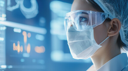 Poster - Healthcare professional wearing protective gear, focused on digital display