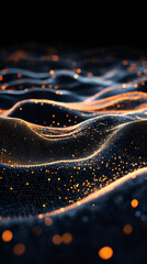 Poster - Golden particles streaming across digital landscape, generating fluid motion representing technological innovation and dynamic energy