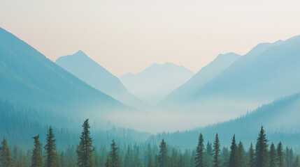 Poster - serene mountain landscape with misty valleys and evergreen trees creates tranquil atmosphere