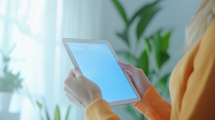 Poster - person holds tablet displaying data analytics in bright room with plants