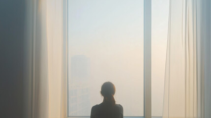 Poster - person gazes out large window, surrounded by soft curtains, reflecting hazy cityscape. atmosphere evokes sense of contemplation and tranquility