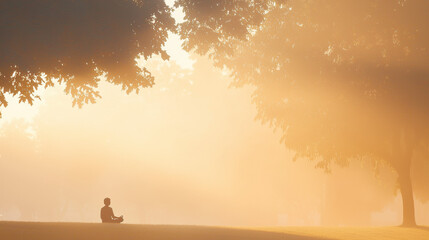 Poster - serene scene of person meditating in misty park at sunrise, surrounded by trees and soft light