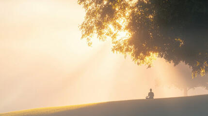 Poster - serene scene of person meditating under tree in soft sunlight. tranquil atmosphere evokes peace and mindfulness