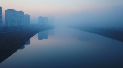 Poster - Misty river landscape with buildings in background, creating serene atmosphere