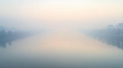 Poster - serene river landscape shrouded in morning fog, reflecting soft pastel colors. tranquil scene evokes sense of calm and mystery