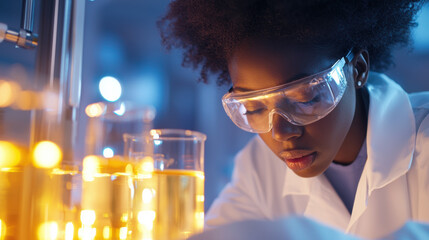 Poster - Focused scientist in laboratory with test tubes and glowing liquids
