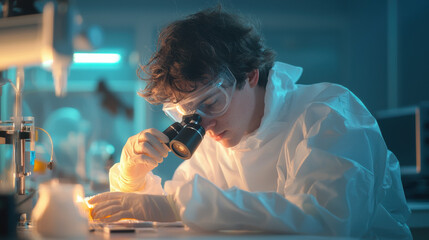 Poster - Laboratory scientist examining samples under microscope in protective gear